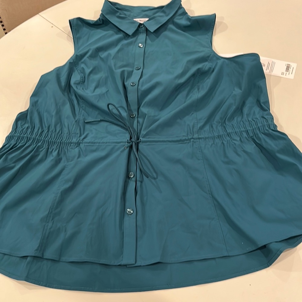 Sleeveless Button-Front Teal Drawstring Tank Top